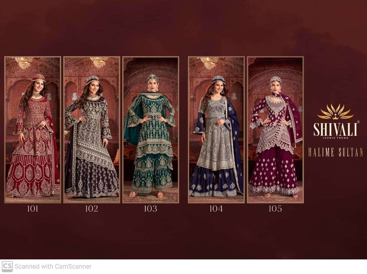 HALIME SULTAN BY SHIVALI 101 TO 105 SERIES BEAUTIFUL SHARARA SUITS STYLISH FANCY COLORFUL PARTY WEAR & OCCASIONAL WEAR FANCY DRESSES AT WHOLESALE PRICE