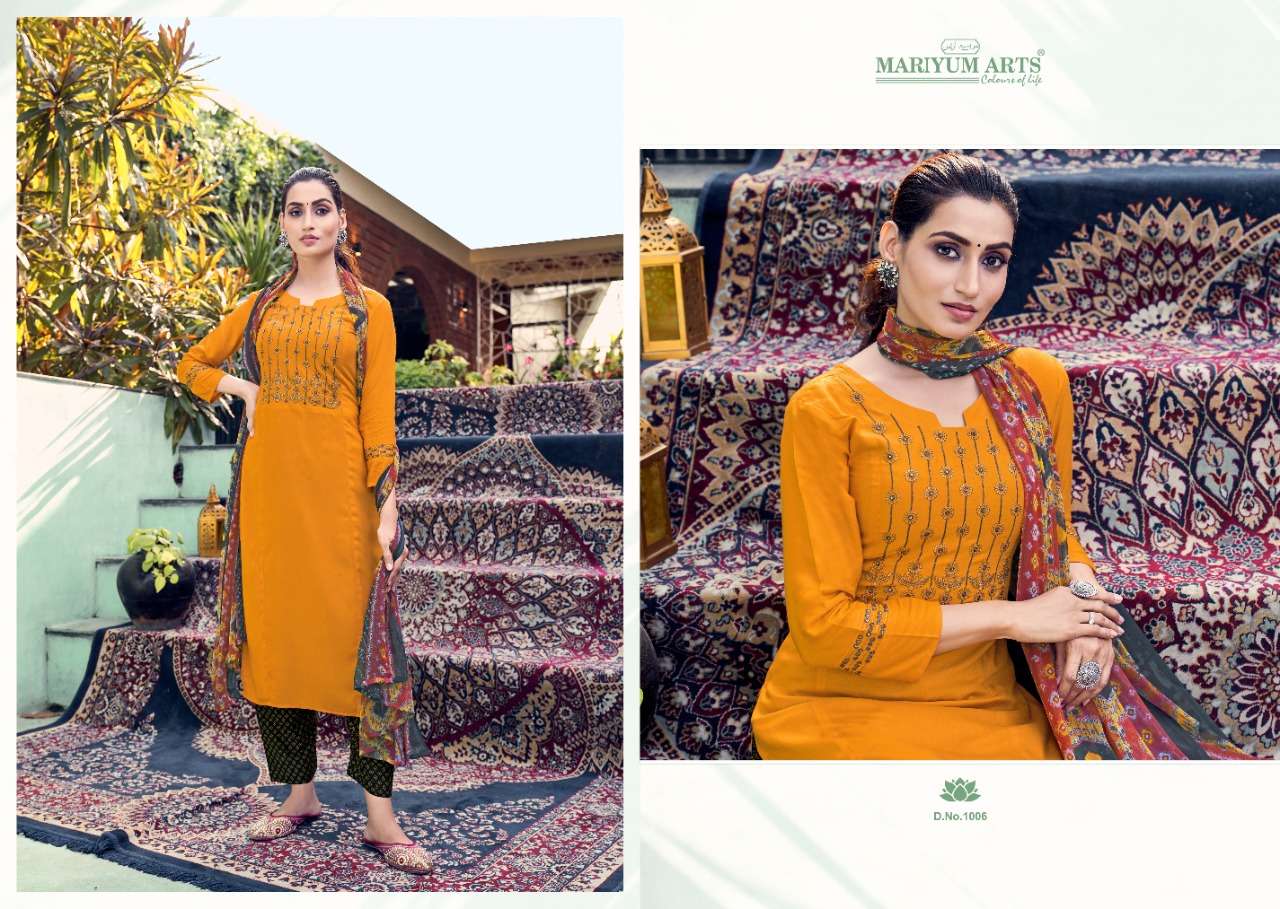 GUNJAN BY MARIYUM ARTS 1001 TO 1006 SERIES BEAUTIFUL SUITS COLORFUL STYLISH FANCY CASUAL WEAR & ETHNIC WEAR RAYON COTTON EBROIDERED DRESSES AT WHOLESALE PRICE