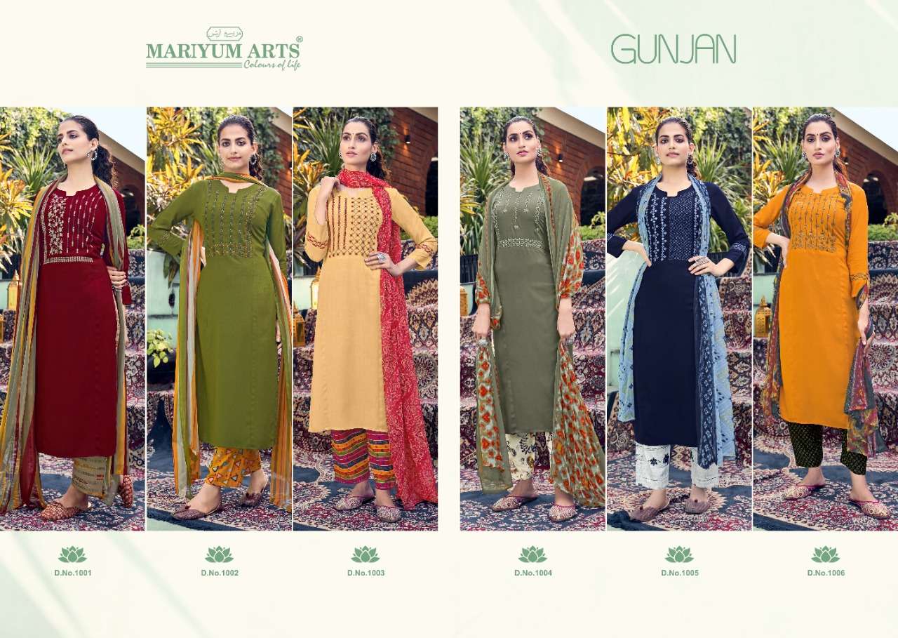 GUNJAN BY MARIYUM ARTS 1001 TO 1006 SERIES BEAUTIFUL SUITS COLORFUL STYLISH FANCY CASUAL WEAR & ETHNIC WEAR RAYON COTTON EBROIDERED DRESSES AT WHOLESALE PRICE