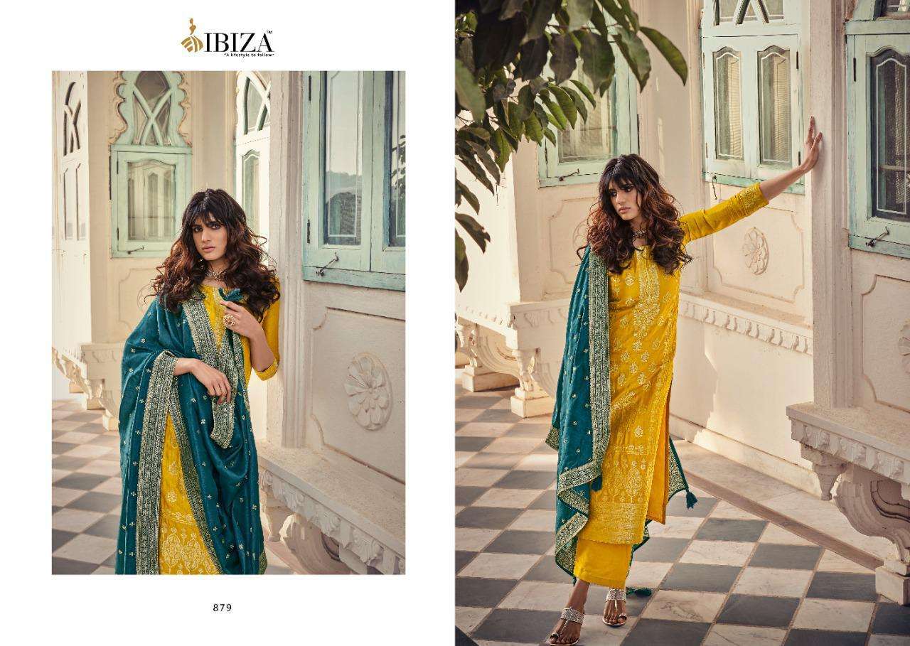 IBIZA SILK BY SANSKRUTI SILK MILLS 879 TO 886 SERIES BEAUTIFUL SUITS COLORFUL STYLISH FANCY CASUAL WEAR & ETHNIC WEAR PURE WOVEN RUSSIAN SILK JACQUARD EMBROIDERED DRESSES AT WHOLESALE PRICE