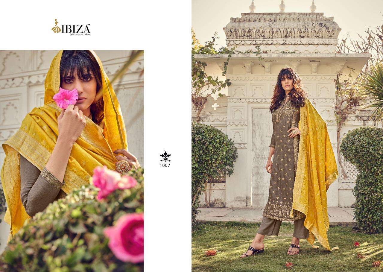 IBIZA SILK BY SANSKRUTI SILK MILLS 879 TO 886 SERIES BEAUTIFUL SUITS COLORFUL STYLISH FANCY CASUAL WEAR & ETHNIC WEAR PURE WOVEN RUSSIAN SILK JACQUARD EMBROIDERED DRESSES AT WHOLESALE PRICE