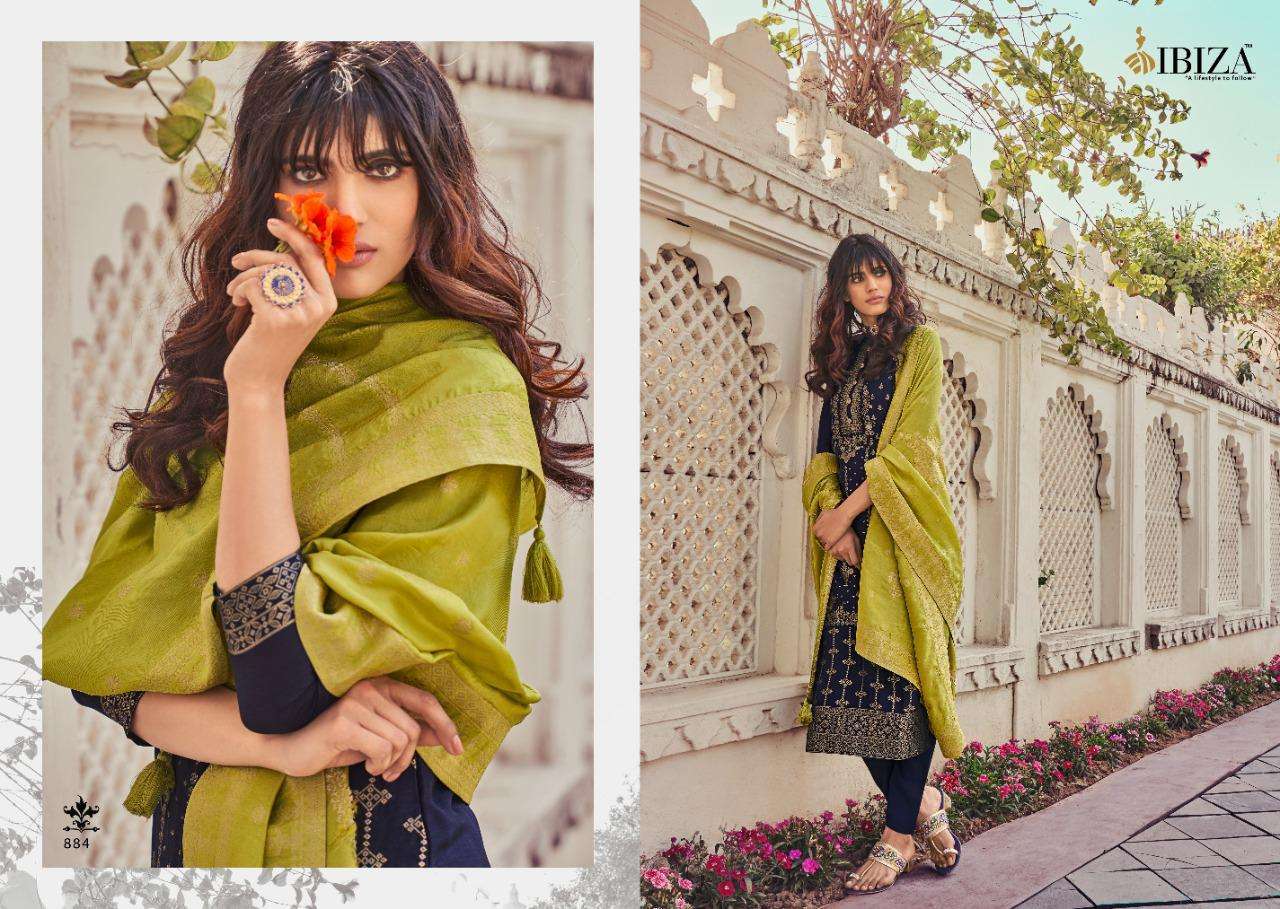 IBIZA SILK BY SANSKRUTI SILK MILLS 879 TO 886 SERIES BEAUTIFUL SUITS COLORFUL STYLISH FANCY CASUAL WEAR & ETHNIC WEAR PURE WOVEN RUSSIAN SILK JACQUARD EMBROIDERED DRESSES AT WHOLESALE PRICE