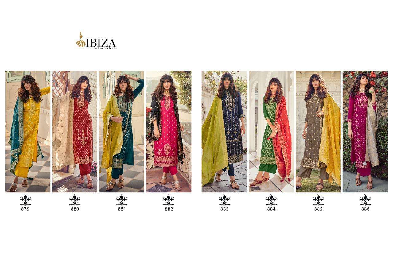 IBIZA SILK BY SANSKRUTI SILK MILLS 879 TO 886 SERIES BEAUTIFUL SUITS COLORFUL STYLISH FANCY CASUAL WEAR & ETHNIC WEAR PURE WOVEN RUSSIAN SILK JACQUARD EMBROIDERED DRESSES AT WHOLESALE PRICE