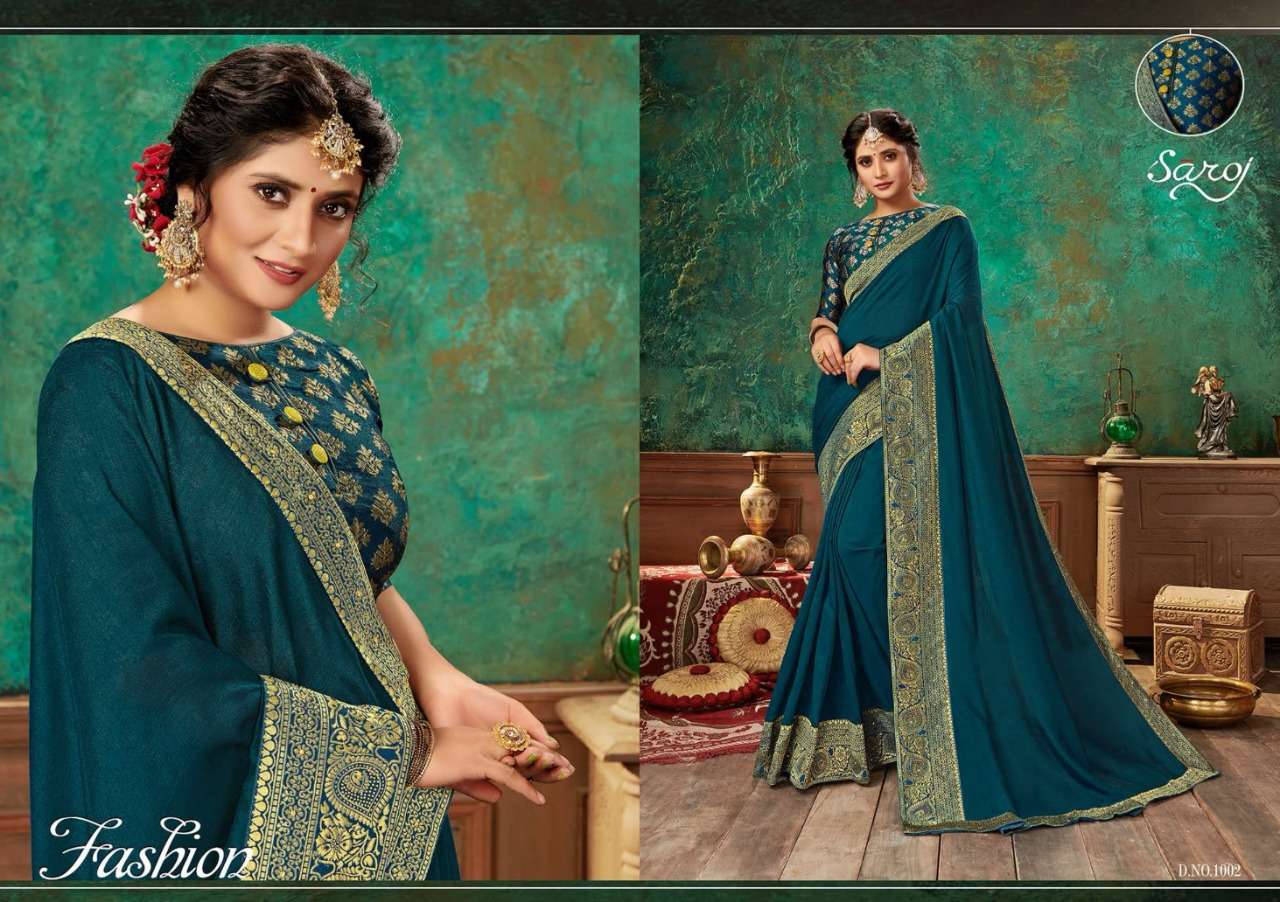  LASKARA BY SAROJ 1001 TO 1008 SERIES INDIAN TRADITIONAL WEAR COLLECTION BEAUTIFUL STYLISH FANCY COLORFUL PARTY WEAR & OCCASIONAL WEAR HEAVY BORDER WITH SOFT SILK SAREES AT WHOLESALE PRICE