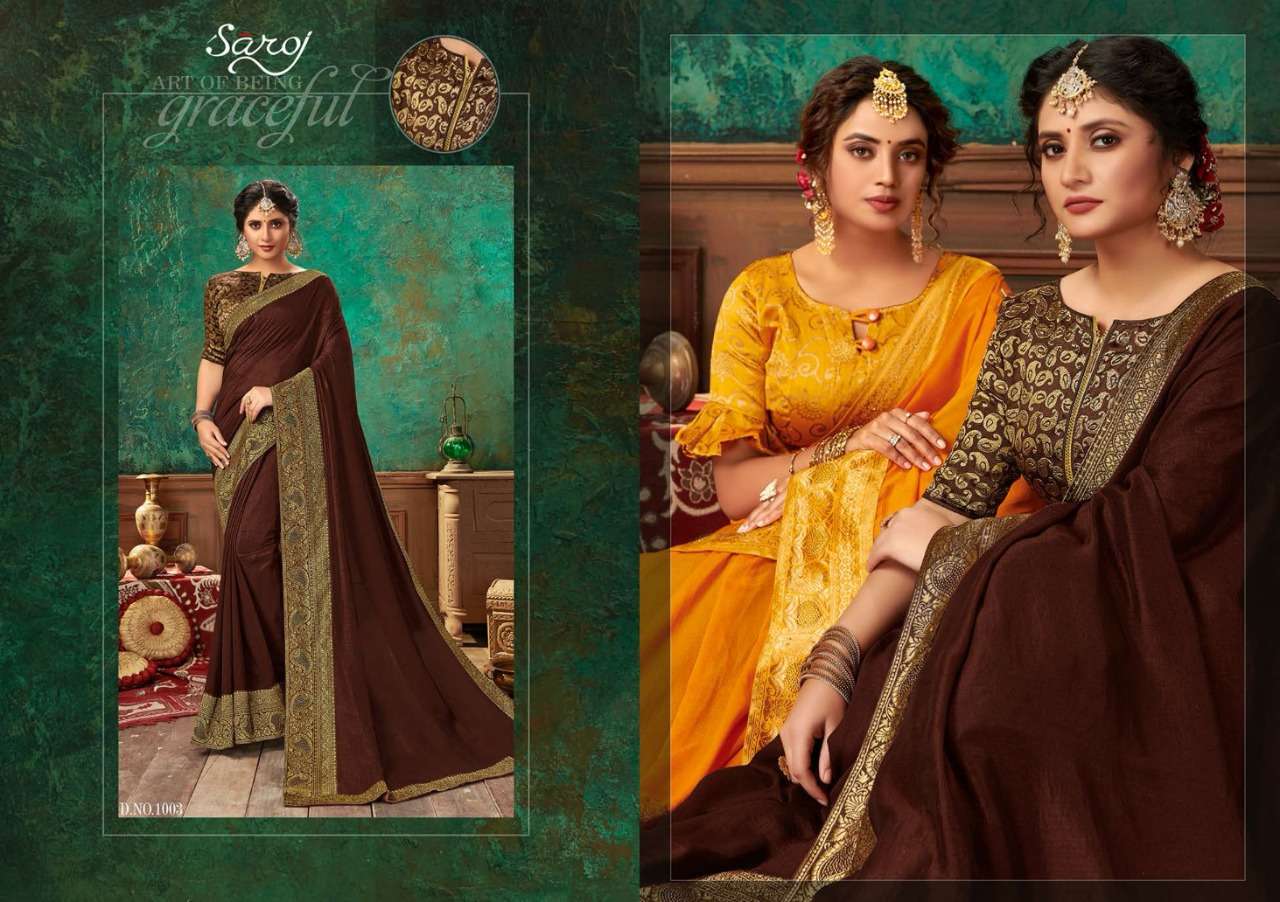  LASKARA BY SAROJ 1001 TO 1008 SERIES INDIAN TRADITIONAL WEAR COLLECTION BEAUTIFUL STYLISH FANCY COLORFUL PARTY WEAR & OCCASIONAL WEAR HEAVY BORDER WITH SOFT SILK SAREES AT WHOLESALE PRICE