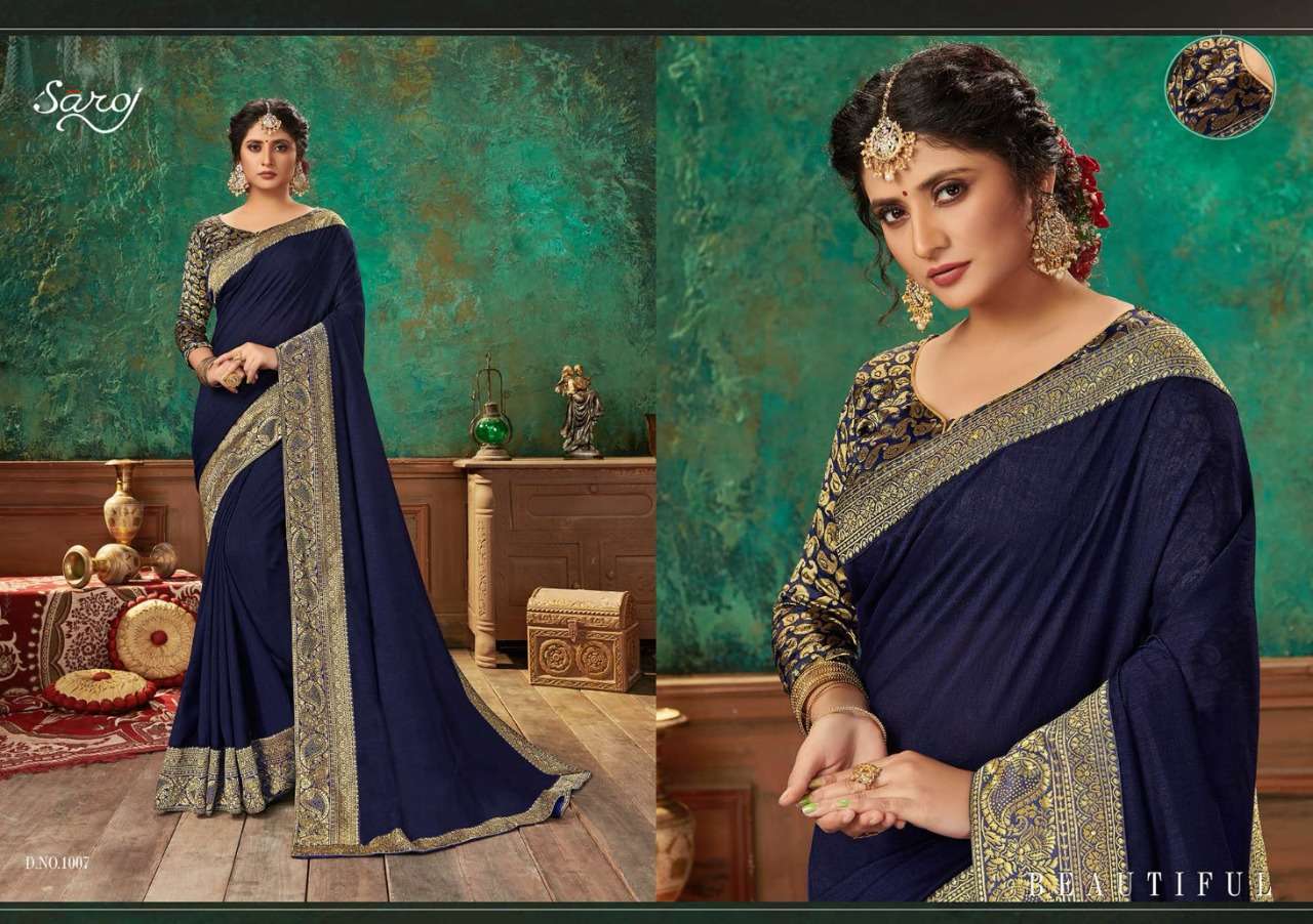  LASKARA BY SAROJ 1001 TO 1008 SERIES INDIAN TRADITIONAL WEAR COLLECTION BEAUTIFUL STYLISH FANCY COLORFUL PARTY WEAR & OCCASIONAL WEAR HEAVY BORDER WITH SOFT SILK SAREES AT WHOLESALE PRICE