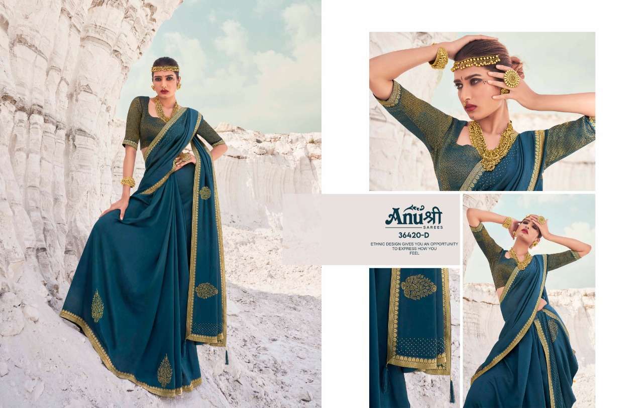 NARGIS BY ANUSHREE 36420-A TO 36420-H SERIES INDIAN TRADITIONAL WEAR COLLECTION BEAUTIFUL STYLISH FANCY COLORFUL PARTY WEAR & OCCASIONAL WEAR GEORGETTE EMBROIDERED SAREES AT WHOLESALE PRICE
