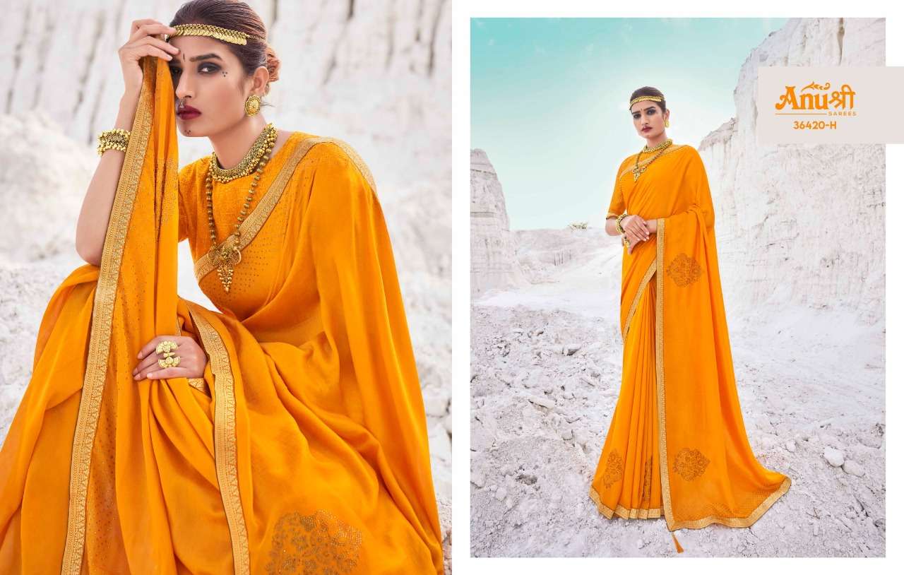 NARGIS BY ANUSHREE 36420-A TO 36420-H SERIES INDIAN TRADITIONAL WEAR COLLECTION BEAUTIFUL STYLISH FANCY COLORFUL PARTY WEAR & OCCASIONAL WEAR GEORGETTE EMBROIDERED SAREES AT WHOLESALE PRICE