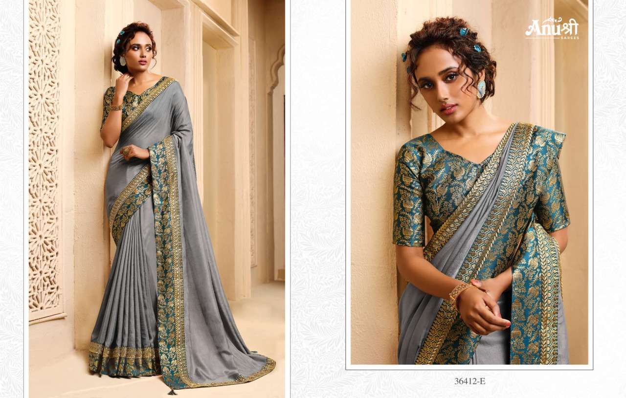 JAY LALITA BY ANUSHREE 36412-A TO 36412-H SERIES INDIAN TRADITIONAL WEAR COLLECTION BEAUTIFUL STYLISH FANCY COLORFUL PARTY WEAR & OCCASIONAL WEAR CHINNON SILK SAREES AT WHOLESALE PRICE