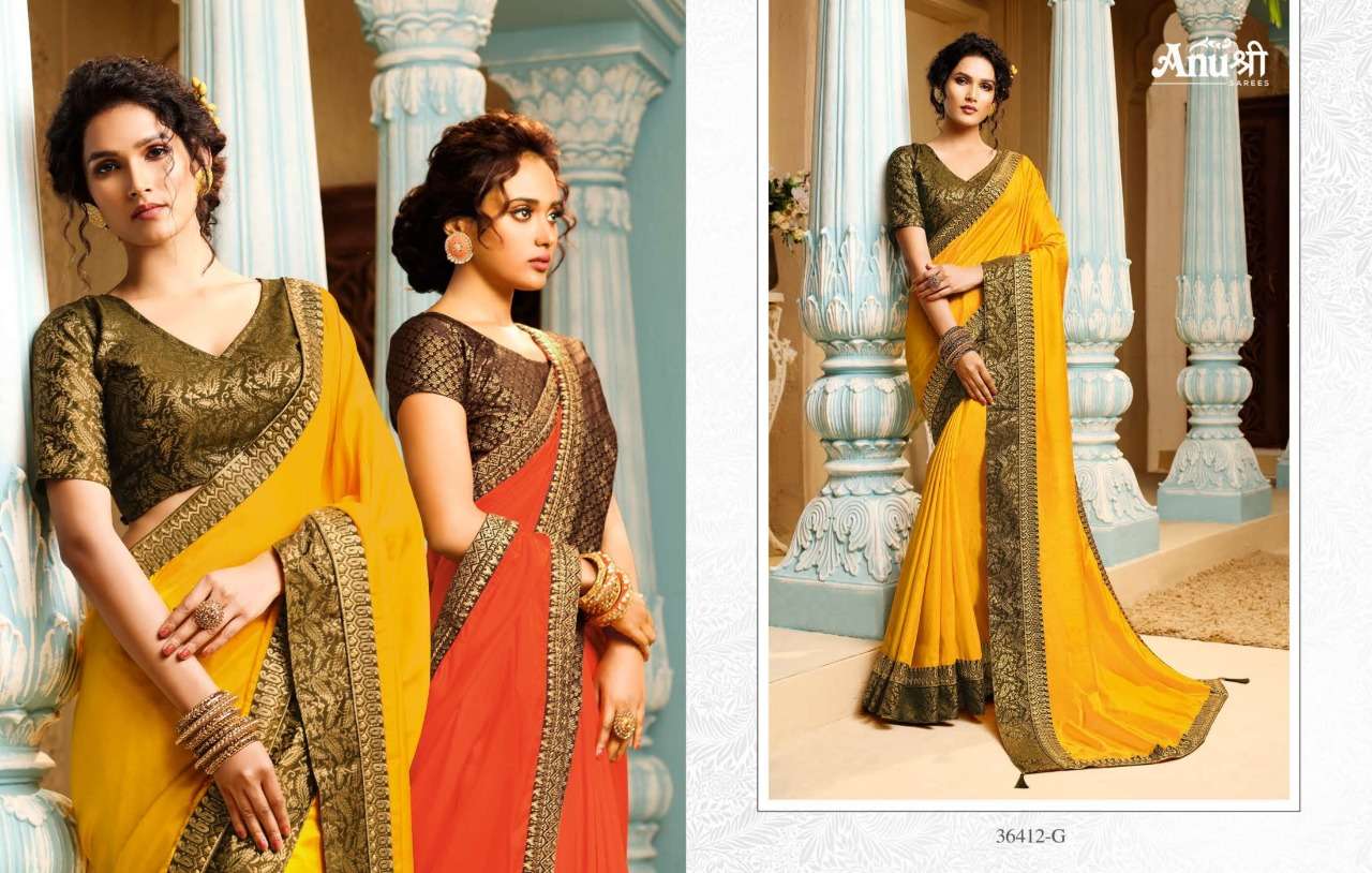 JAY LALITA BY ANUSHREE 36412-A TO 36412-H SERIES INDIAN TRADITIONAL WEAR COLLECTION BEAUTIFUL STYLISH FANCY COLORFUL PARTY WEAR & OCCASIONAL WEAR CHINNON SILK SAREES AT WHOLESALE PRICE