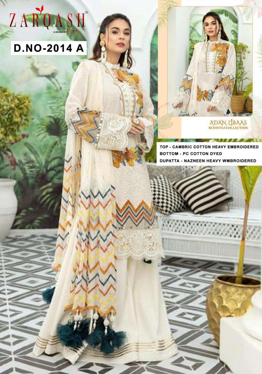 LIBAAS BY ZARQASH 2014-A TO 2014-E SERIES DESIGNER PAKISTANI SUITS COLLECTION BEAUTIFUL STYLISH FANCY COLORFUL PARTY WEAR & OCCASIONAL WEAR CAMBRIC COTTON WITH EMBROIDERED DRESSES AT WHOLESALE PRICE