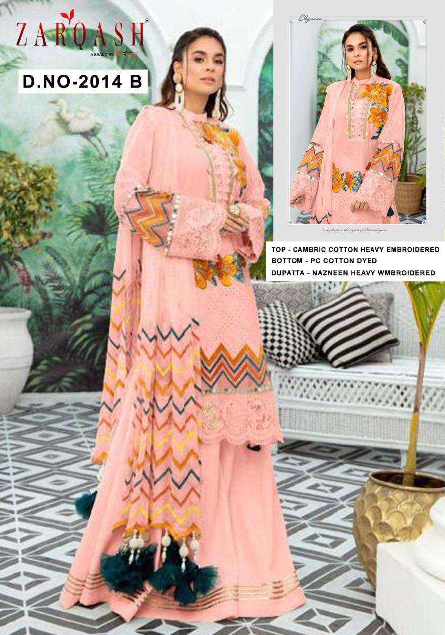 LIBAAS BY ZARQASH 2014-A TO 2014-E SERIES DESIGNER PAKISTANI SUITS COLLECTION BEAUTIFUL STYLISH FANCY COLORFUL PARTY WEAR & OCCASIONAL WEAR CAMBRIC COTTON WITH EMBROIDERED DRESSES AT WHOLESALE PRICE