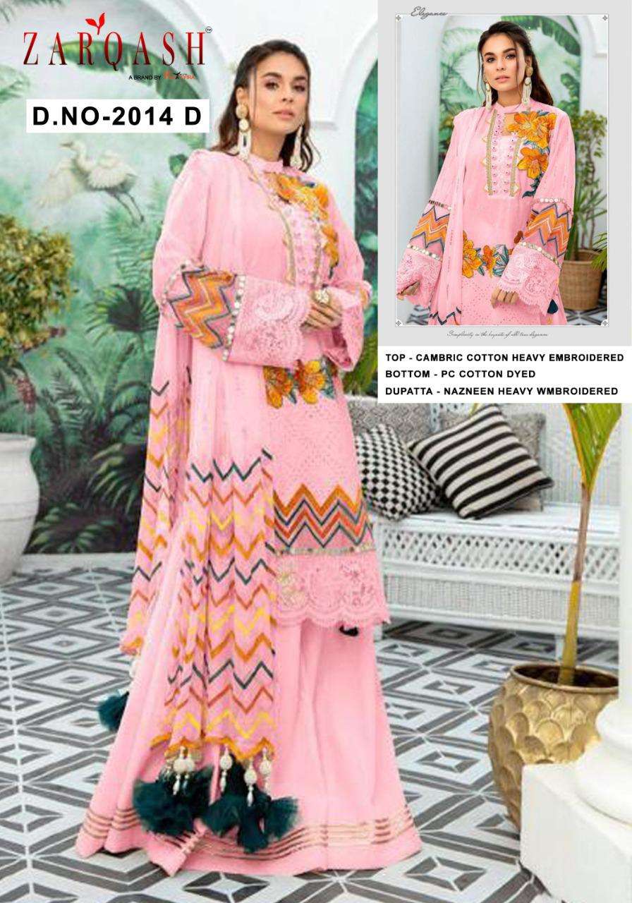LIBAAS BY ZARQASH 2014-A TO 2014-E SERIES DESIGNER PAKISTANI SUITS COLLECTION BEAUTIFUL STYLISH FANCY COLORFUL PARTY WEAR & OCCASIONAL WEAR CAMBRIC COTTON WITH EMBROIDERED DRESSES AT WHOLESALE PRICE