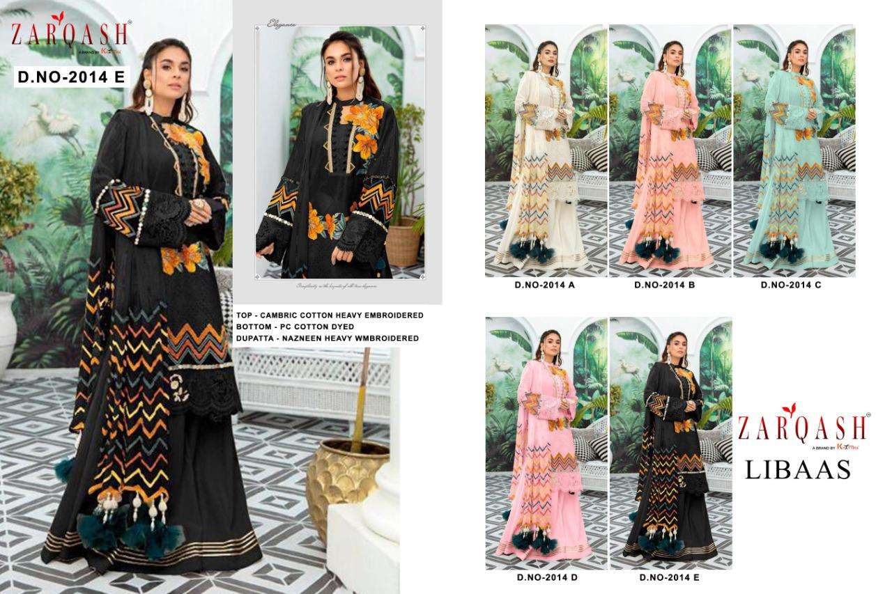 LIBAAS BY ZARQASH 2014-A TO 2014-E SERIES DESIGNER PAKISTANI SUITS COLLECTION BEAUTIFUL STYLISH FANCY COLORFUL PARTY WEAR & OCCASIONAL WEAR CAMBRIC COTTON WITH EMBROIDERED DRESSES AT WHOLESALE PRICE