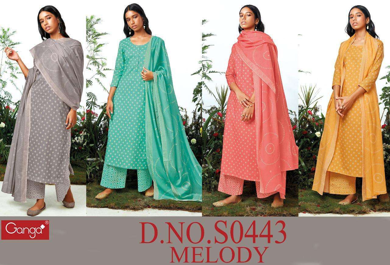 MELODY-443 BY GANGA FASHION 443-A TO 443-D SERIES BEAUTIFUL SUITS COLORFUL STYLISH FANCY CASUAL WEAR & ETHNIC WEAR SUPER COTTON PRINT DRESSES AT WHOLESALE PRICE
