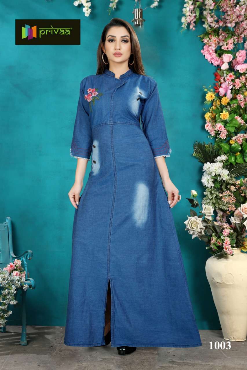 DENIM GOWN BY PRIVAA 1003 TO 1006 SERIES DESIGNER STYLISH FANCY COLORFUL BEAUTIFUL PARTY WEAR & ETHNIC WEAR COLLECTION PURE DENIM COTTON GOWNS AT WHOLESALE PRICE