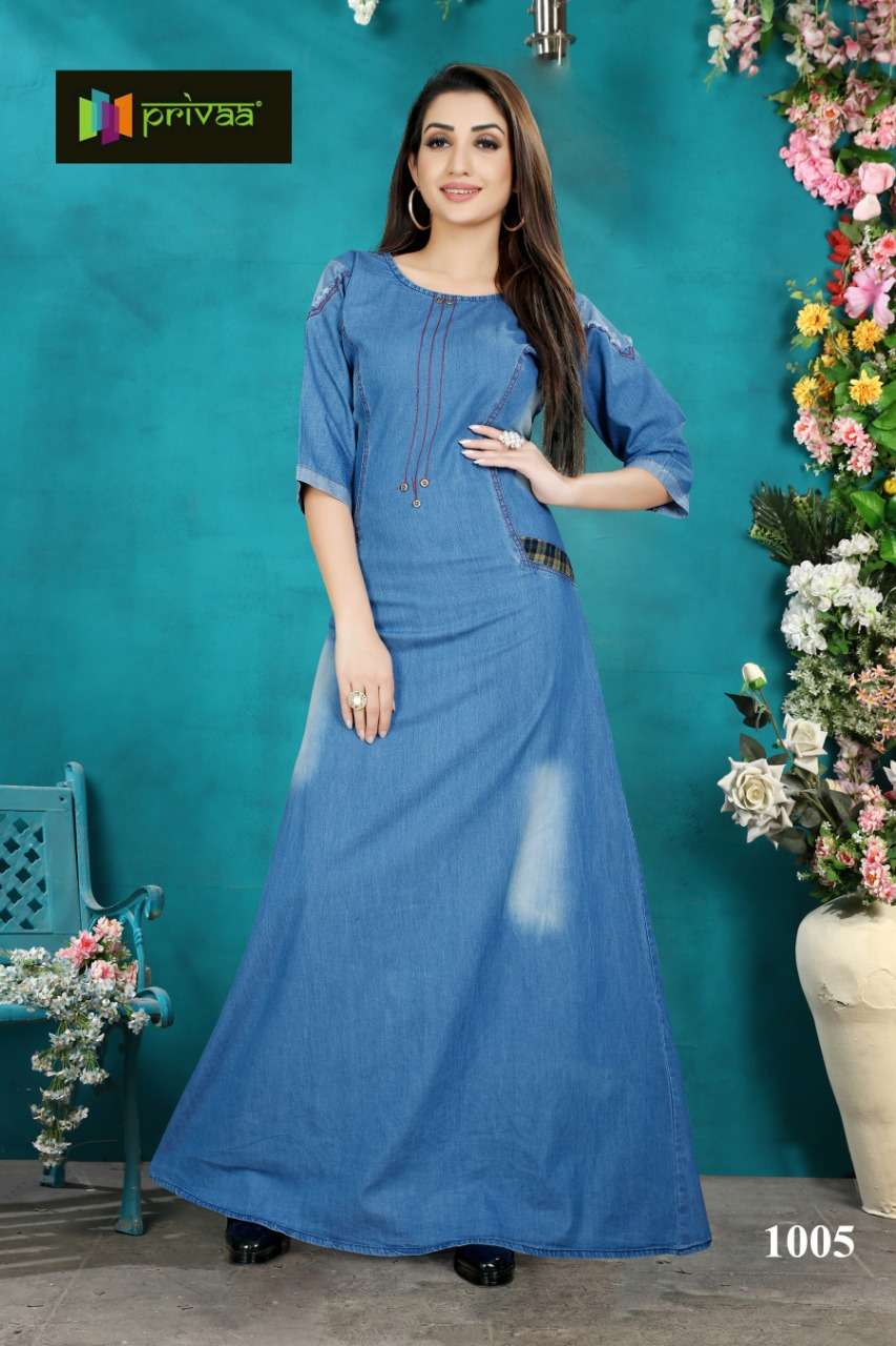 DENIM GOWN BY PRIVAA 1003 TO 1006 SERIES DESIGNER STYLISH FANCY COLORFUL BEAUTIFUL PARTY WEAR & ETHNIC WEAR COLLECTION PURE DENIM COTTON GOWNS AT WHOLESALE PRICE