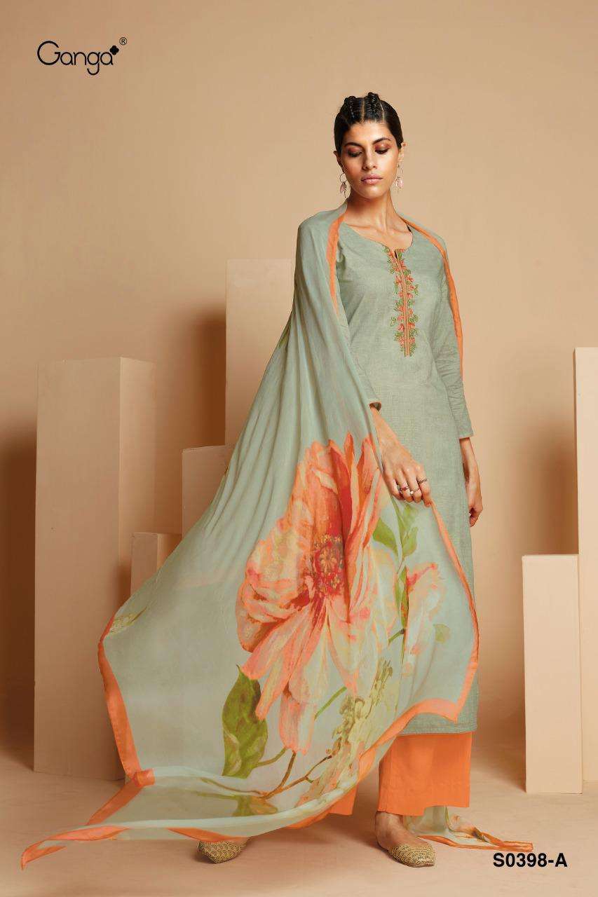 EMILY-398 BY GANGA FASHION 398-A TO 398-D SERIES BEAUTIFUL SUITS COLORFUL STYLISH FANCY CASUAL WEAR & ETHNIC WEAR SUPER COTTON PRINT WITH EMBROIDERY DRESSES AT WHOLESALE PRICE
