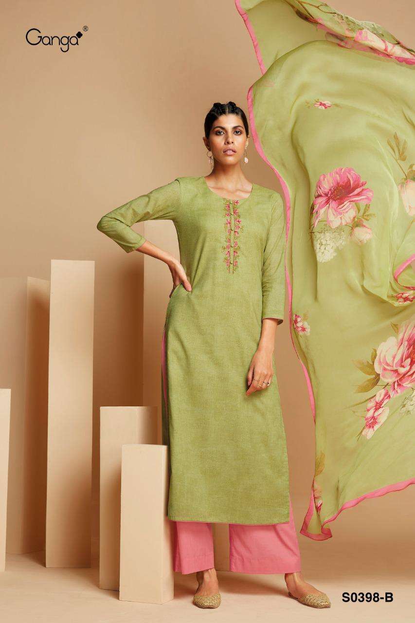 EMILY-398 BY GANGA FASHION 398-A TO 398-D SERIES BEAUTIFUL SUITS COLORFUL STYLISH FANCY CASUAL WEAR & ETHNIC WEAR SUPER COTTON PRINT WITH EMBROIDERY DRESSES AT WHOLESALE PRICE