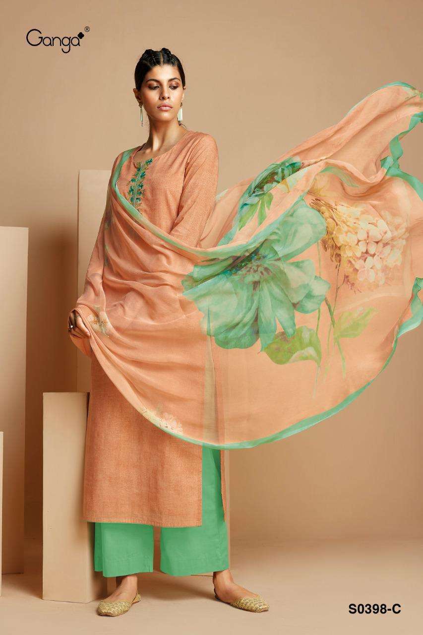 EMILY-398 BY GANGA FASHION 398-A TO 398-D SERIES BEAUTIFUL SUITS COLORFUL STYLISH FANCY CASUAL WEAR & ETHNIC WEAR SUPER COTTON PRINT WITH EMBROIDERY DRESSES AT WHOLESALE PRICE