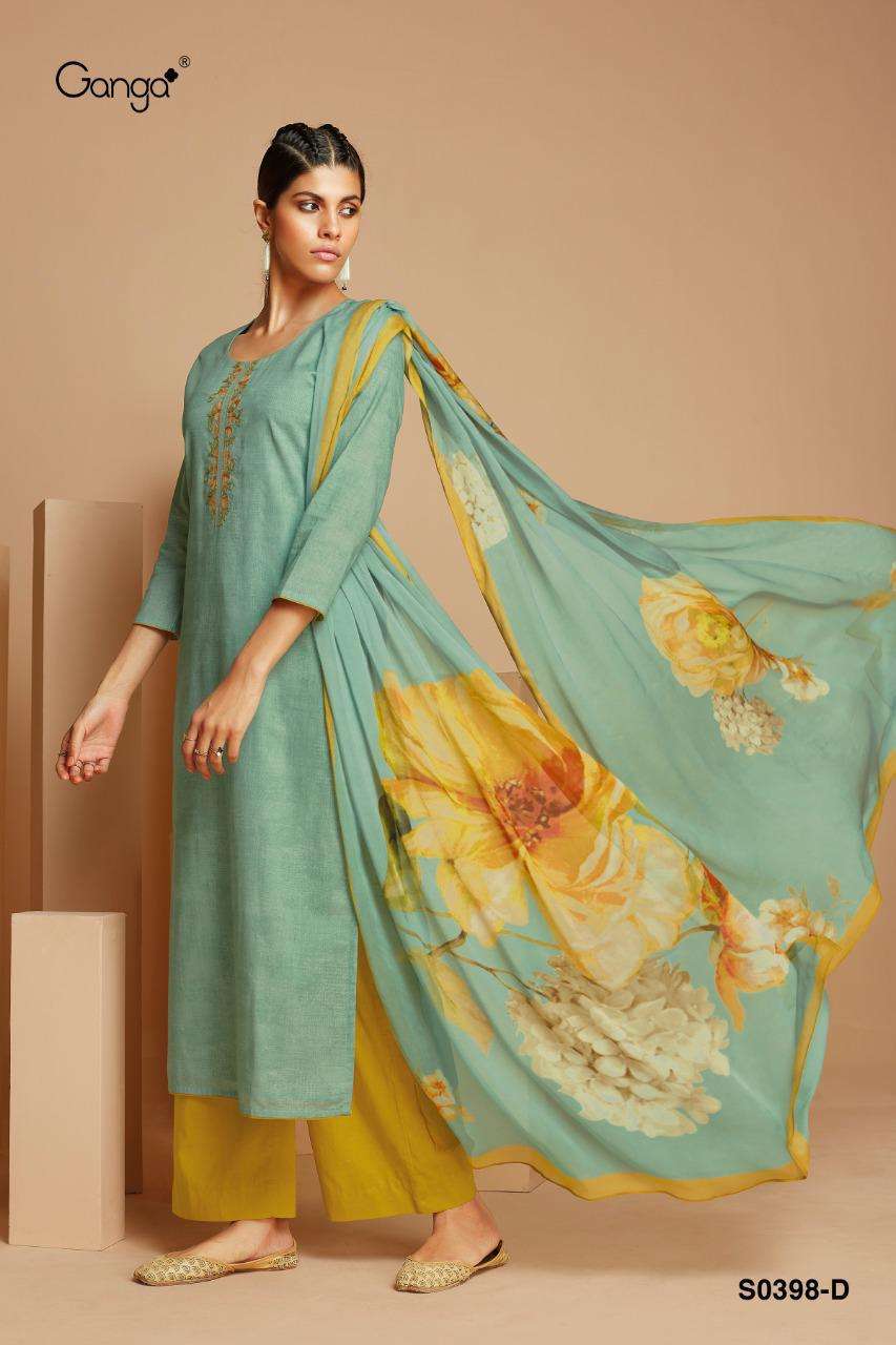 EMILY-398 BY GANGA FASHION 398-A TO 398-D SERIES BEAUTIFUL SUITS COLORFUL STYLISH FANCY CASUAL WEAR & ETHNIC WEAR SUPER COTTON PRINT WITH EMBROIDERY DRESSES AT WHOLESALE PRICE