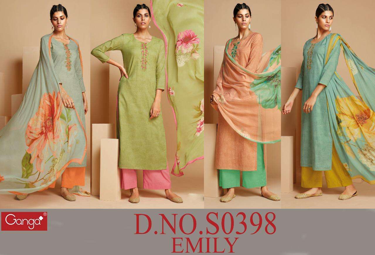 EMILY-398 BY GANGA FASHION 398-A TO 398-D SERIES BEAUTIFUL SUITS COLORFUL STYLISH FANCY CASUAL WEAR & ETHNIC WEAR SUPER COTTON PRINT WITH EMBROIDERY DRESSES AT WHOLESALE PRICE
