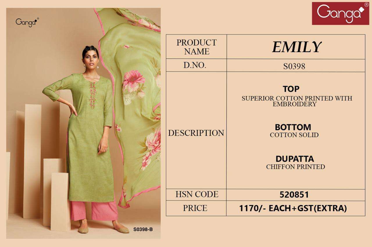 EMILY-398 BY GANGA FASHION 398-A TO 398-D SERIES BEAUTIFUL SUITS COLORFUL STYLISH FANCY CASUAL WEAR & ETHNIC WEAR SUPER COTTON PRINT WITH EMBROIDERY DRESSES AT WHOLESALE PRICE