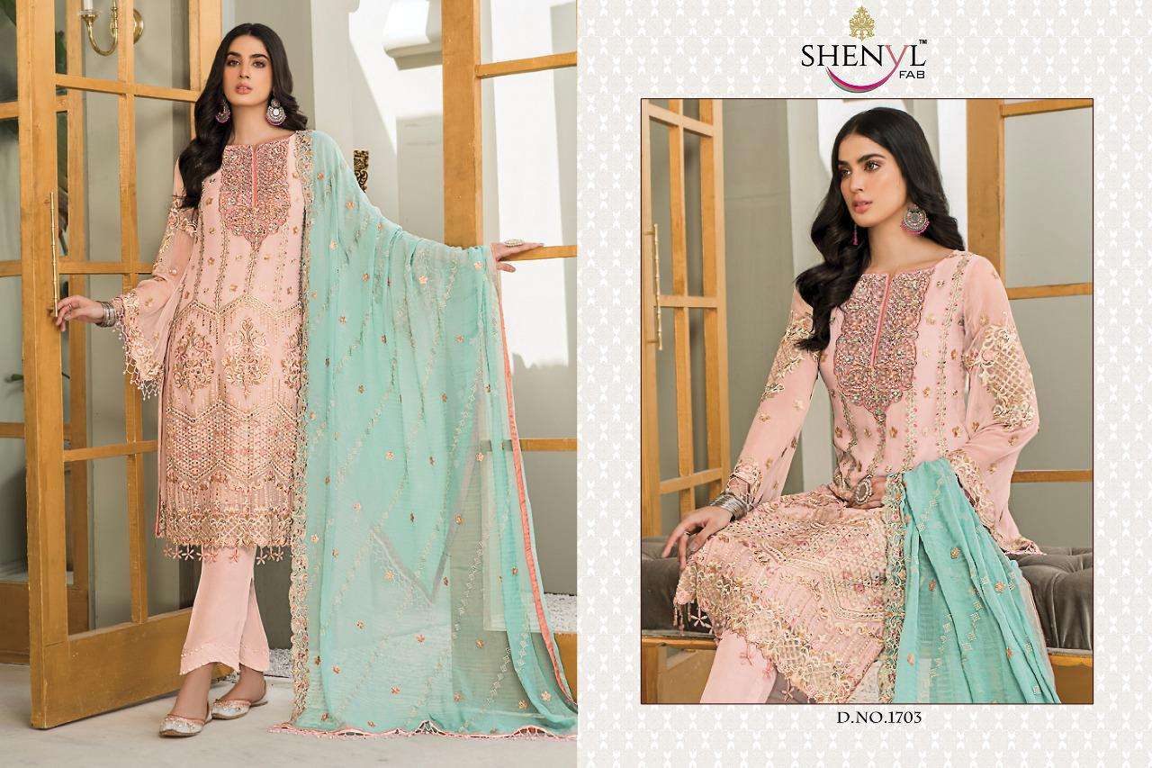 MARYAMS GOLD BY SHENYL FAB 1701 TO 1706 SERIES DESIGNER PAKISTANI SUITS BEAUTIFUL STYLISH FANCY COLORFUL PARTY WEAR & OCCASIONAL WEAR FAUX GEORGETTE EMBROIDERY DRESSES AT WHOLESALE PRICE