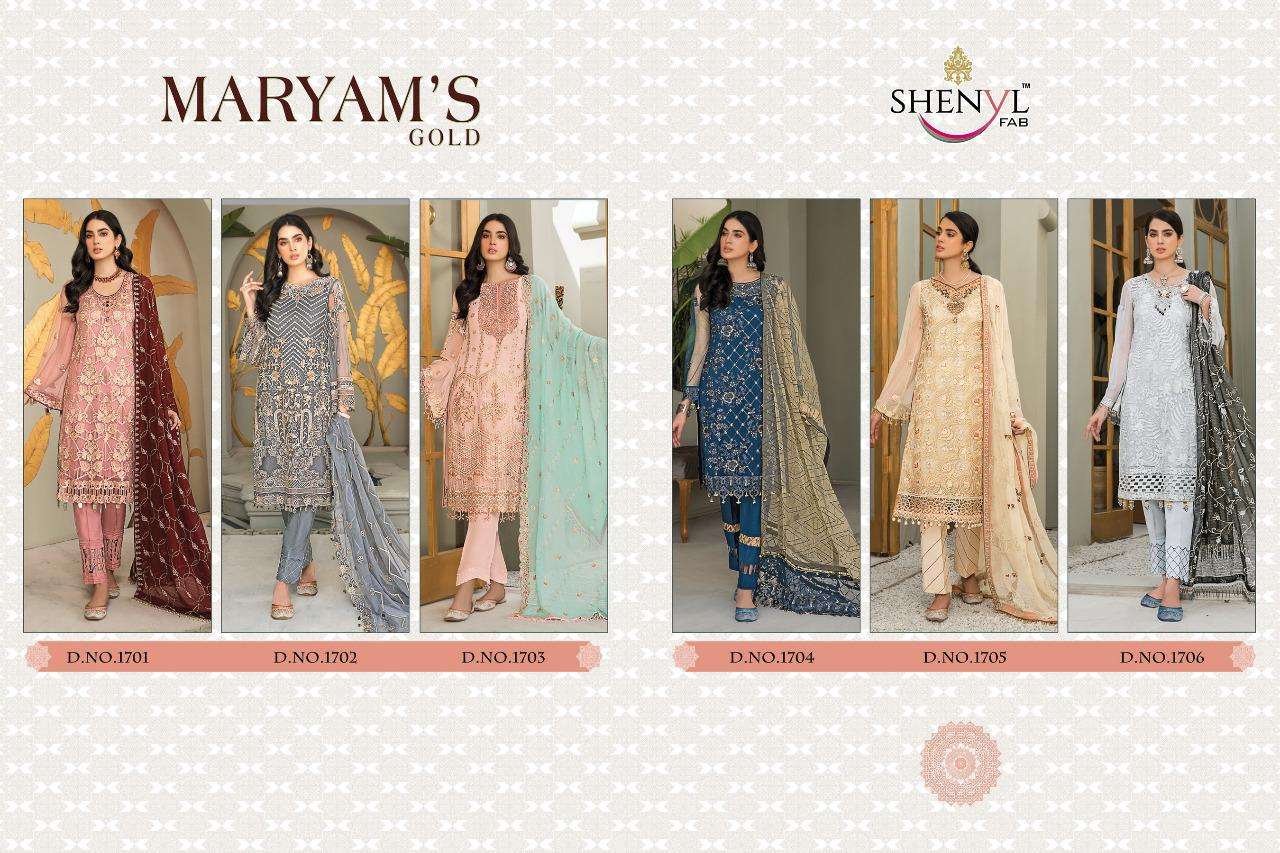 MARYAMS GOLD BY SHENYL FAB 1701 TO 1706 SERIES DESIGNER PAKISTANI SUITS BEAUTIFUL STYLISH FANCY COLORFUL PARTY WEAR & OCCASIONAL WEAR FAUX GEORGETTE EMBROIDERY DRESSES AT WHOLESALE PRICE