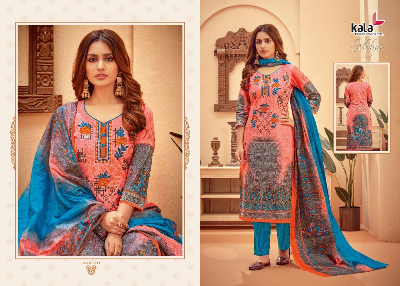MEHER VOL-5 BY KALA 3001 TO 3012 SERIES BEAUTIFUL SUITS STYLISH FANCY COLORFUL PARTY WEAR & OCCASIONAL WEAR PURE PREMIUM COTTON DIGITAL PRINTED DRESSES AT WHOLESALE PRICE