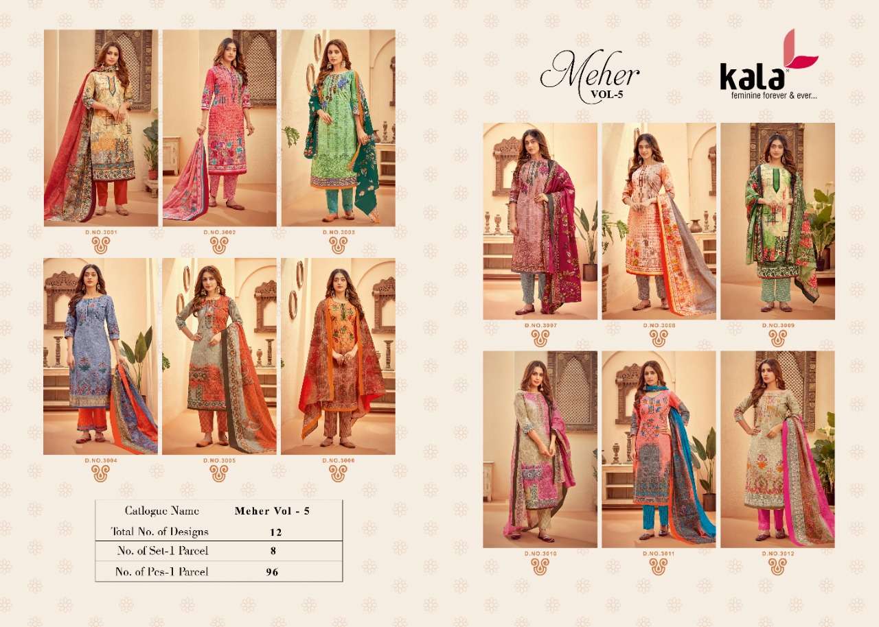 MEHER VOL-5 BY KALA 3001 TO 3012 SERIES BEAUTIFUL SUITS STYLISH FANCY COLORFUL PARTY WEAR & OCCASIONAL WEAR PURE PREMIUM COTTON DIGITAL PRINTED DRESSES AT WHOLESALE PRICE
