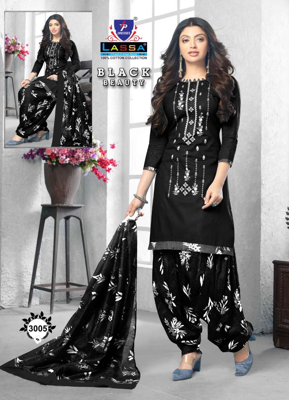 BLACK BEAUTY PATIYALA BY LASSA 3001 TO 3010 SERIES BEAUTIFUL SUITS COLORFUL STYLISH FANCY CASUAL WEAR & ETHNIC WEAR PURE COTTON DRESSES AT WHOLESALE PRICE