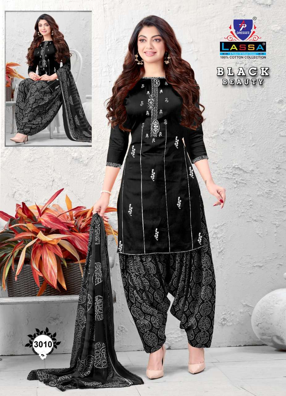 BLACK BEAUTY PATIYALA BY LASSA 3001 TO 3010 SERIES BEAUTIFUL SUITS COLORFUL STYLISH FANCY CASUAL WEAR & ETHNIC WEAR PURE COTTON DRESSES AT WHOLESALE PRICE