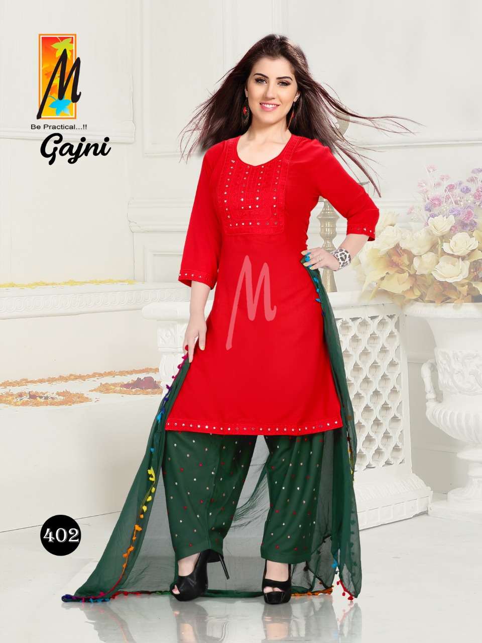 GAJNI BY M BE PRACTICAL 401 TO 408 SERIES BEAUTIFUL PATIYALA SUITS COLORFUL STYLISH FANCY CASUAL WEAR & ETHNIC WEAR RAYON WORK DRESSES AT WHOLESALE PRICE