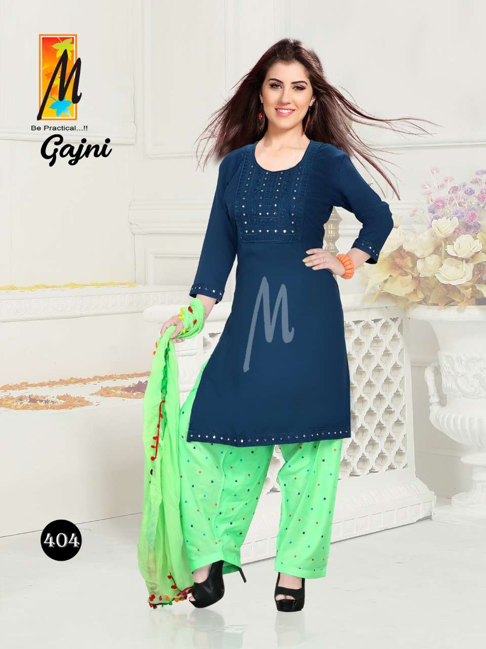GAJNI BY M BE PRACTICAL 401 TO 408 SERIES BEAUTIFUL PATIYALA SUITS COLORFUL STYLISH FANCY CASUAL WEAR & ETHNIC WEAR RAYON WORK DRESSES AT WHOLESALE PRICE