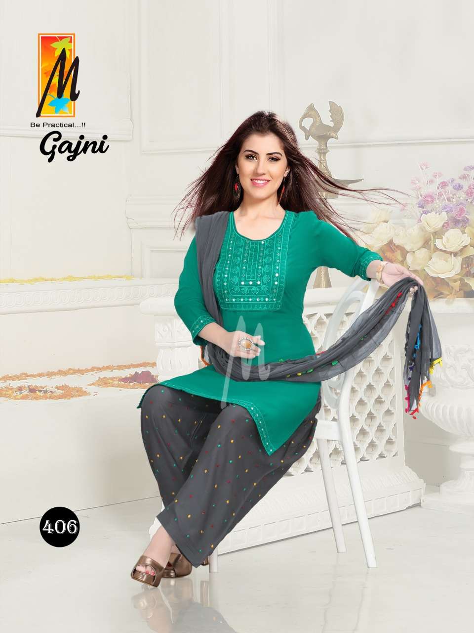 GAJNI BY M BE PRACTICAL 401 TO 408 SERIES BEAUTIFUL PATIYALA SUITS COLORFUL STYLISH FANCY CASUAL WEAR & ETHNIC WEAR RAYON WORK DRESSES AT WHOLESALE PRICE