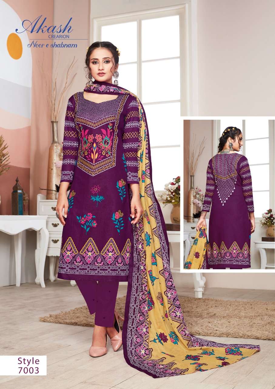 NOOR E SHABNAM VOL-7 BY AKASH CREATION 7001 TO 7010 SERIES BEAUTIFUL STYLISH SUITS FANCY COLORFUL CASUAL WEAR & ETHNIC WEAR & READY TO WEAR PURE KARACHI COTTON PRINTED DRESSES AT WHOLESALE PRICE