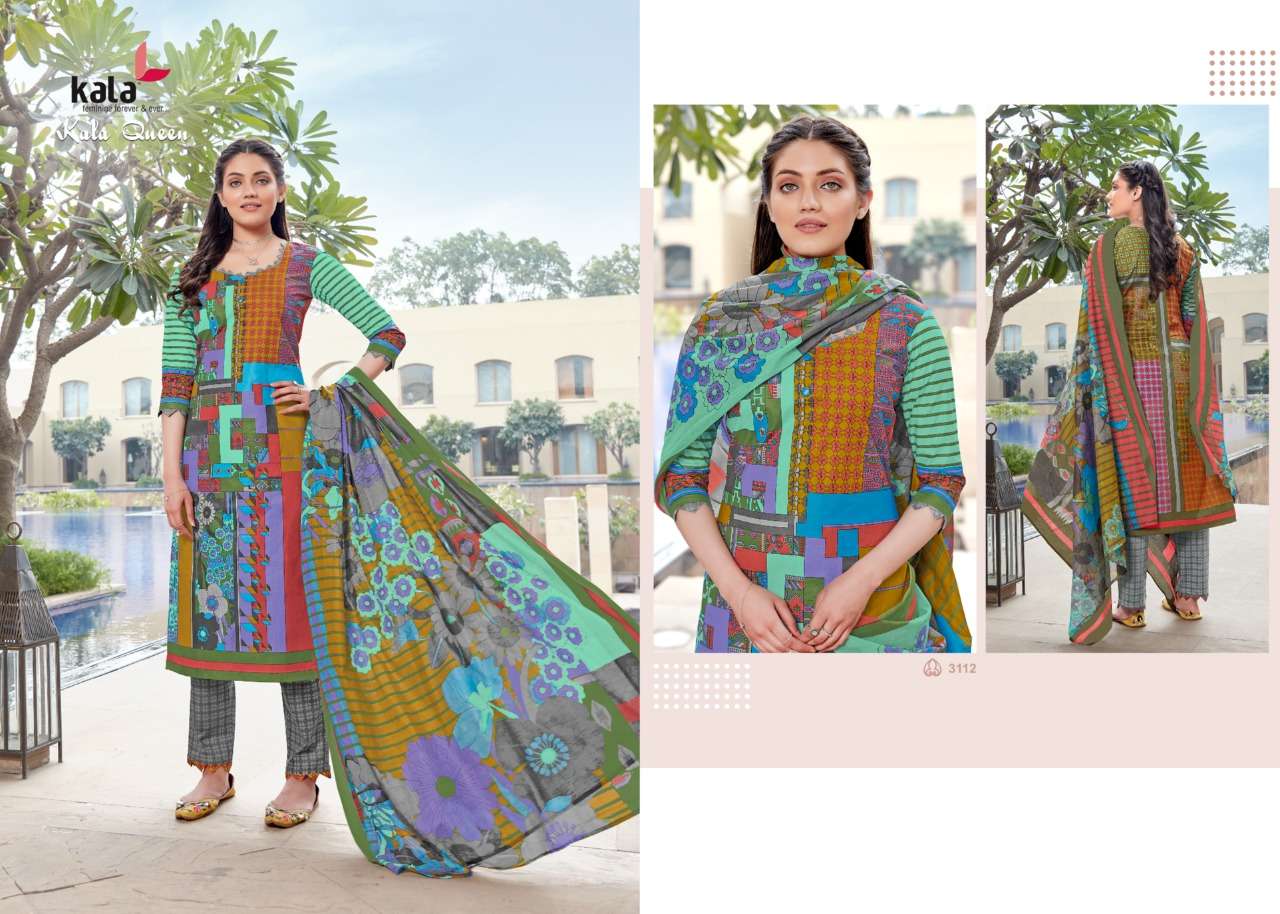 QUEEN VOL-1 BY KALA 3101 TO 3112 SERIES BEAUTIFUL SUITS STYLISH FANCY COLORFUL CASUAL WEAR & ETHNIC WEAR PURE COTTON DRESSES AT WHOLESALE PRICE