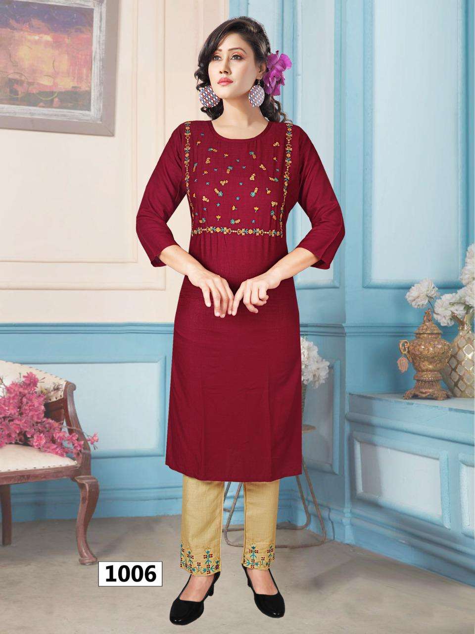 MUSKAN BY AYESHA 1001 TO 1006 SERIES DESIGNER STYLISH FANCY COLORFUL BEAUTIFUL PARTY WEAR & ETHNIC WEAR COLLECTION RAYON SLUB EMBROIDERY KURTIS WITH BOTTOM AT WHOLESALE PRICE