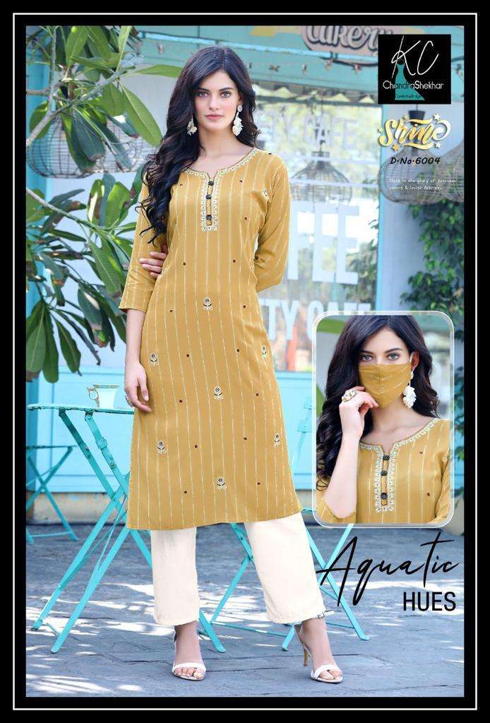 SHINE VOL-6 BY KC 6001 TO 6008 SERIES DESIGNER STYLISH FANCY COLORFUL BEAUTIFUL PARTY WEAR & ETHNIC WEAR COLLECTION HEAVY RAYON VISCOSE KURTIS WITH BOTTOM AT WHOLESALE PRICE
