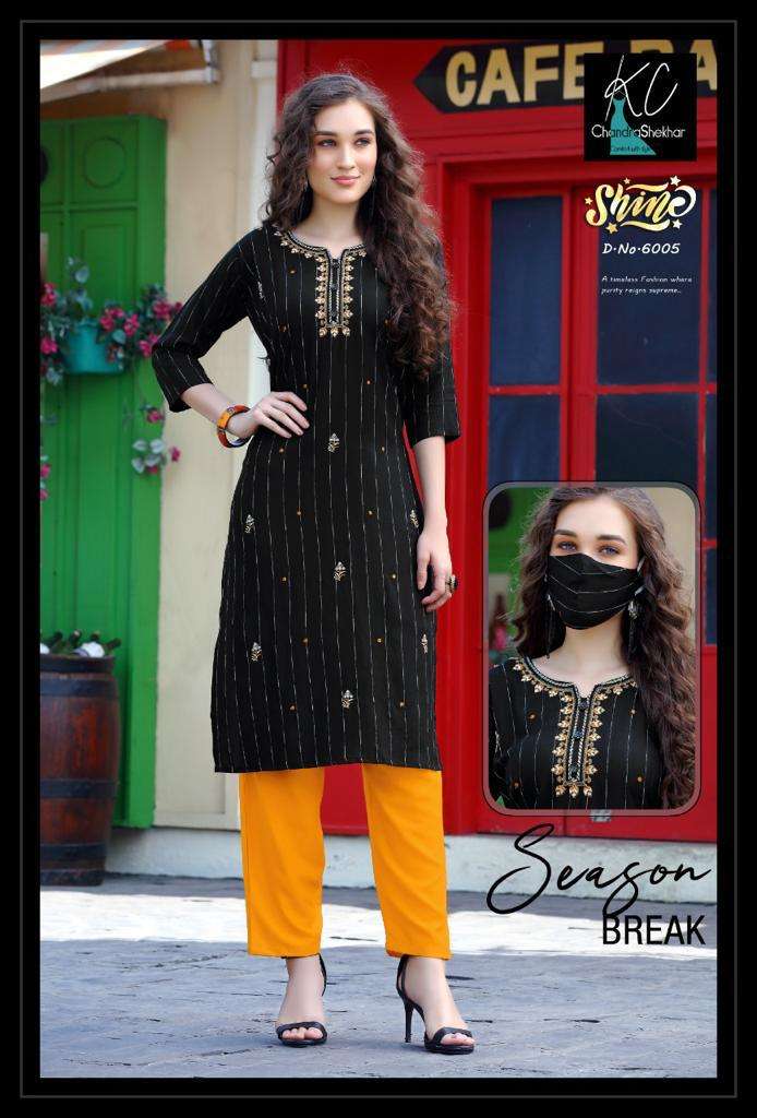 SHINE VOL-6 BY KC 6001 TO 6008 SERIES DESIGNER STYLISH FANCY COLORFUL BEAUTIFUL PARTY WEAR & ETHNIC WEAR COLLECTION HEAVY RAYON VISCOSE KURTIS WITH BOTTOM AT WHOLESALE PRICE