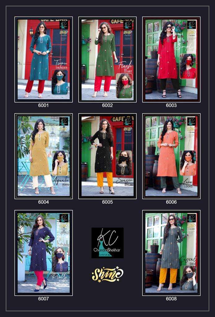 SHINE VOL-6 BY KC 6001 TO 6008 SERIES DESIGNER STYLISH FANCY COLORFUL BEAUTIFUL PARTY WEAR & ETHNIC WEAR COLLECTION HEAVY RAYON VISCOSE KURTIS WITH BOTTOM AT WHOLESALE PRICE