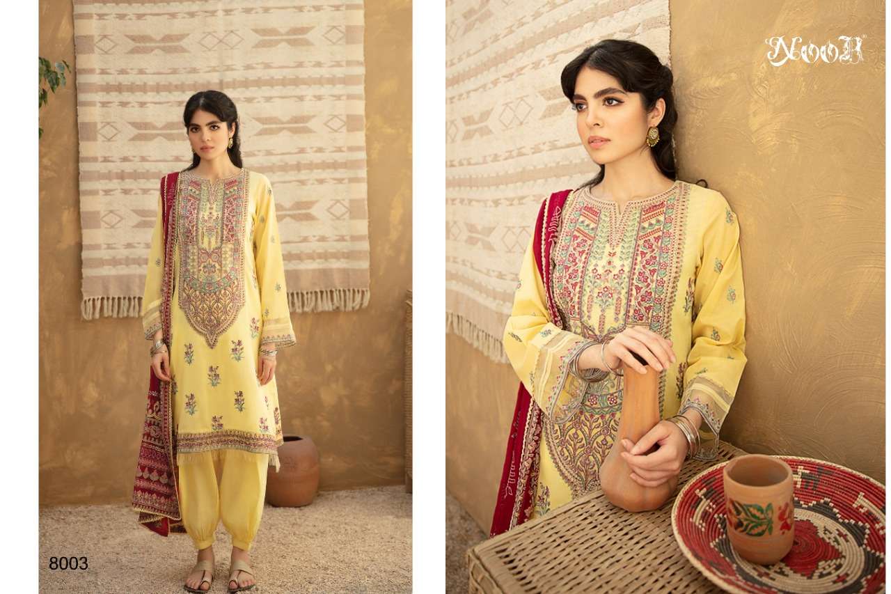 QALAMKAR BY NOOR 8001 TO 8005 BEAUTIFUL COLORFUL STYLISH FANCY CASUAL WEAR & ETHNIC WEAR & READY TO WEAR PURE COTTON WITH EMBROIDERY DRESSES AT WHOLESALE PRICE