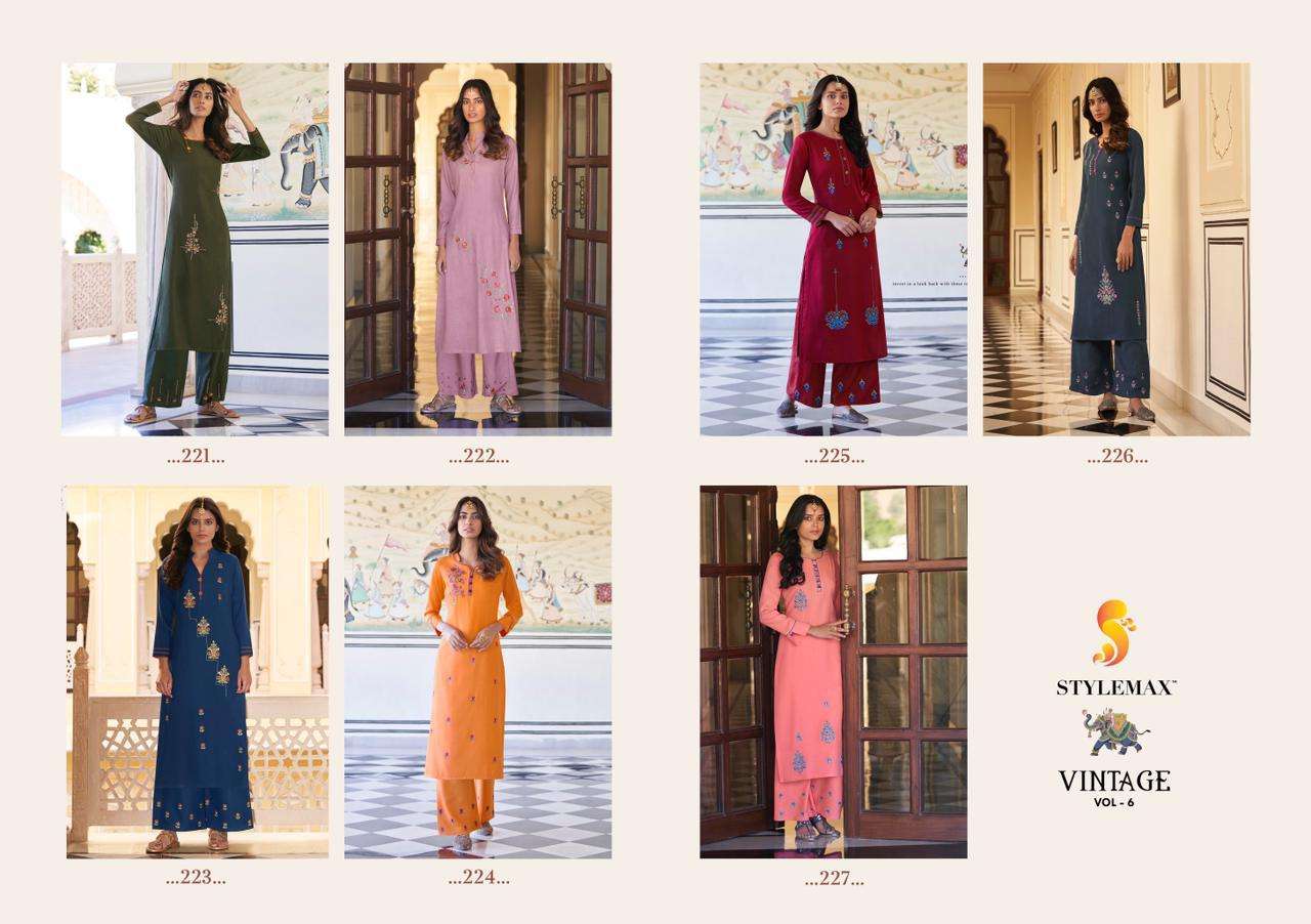 VINTAGE VOL-6 BY STYLEMAX 221 TO 227 SERIES DESIGNER BEAUTIFUL STYLISH FANCY COLORFUL PARTY WEAR & OCCASIONAL WEAR HEAVY RAYON KURTIS WITH BOTTOM AT WHOLESALE PRICE