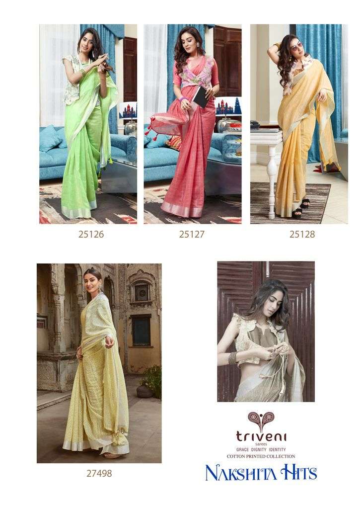 NAKSHITA HITS BY TRIVENI INDIAN TRADITIONAL WEAR COLLECTION BEAUTIFUL STYLISH FANCY COLORFUL PARTY WEAR & OCCASIONAL WEAR COTTON LINEN PRINT SAREES AT WHOLESALE PRICE