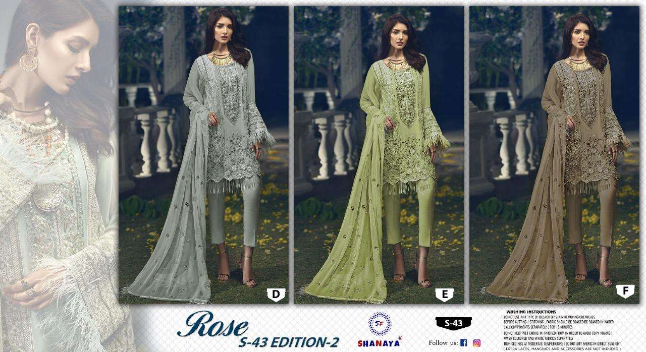 Shanaya Hit Design S-43 Colours Vol-2 By Shanaya Fashion S-43-D To S-43-F Series Pakistani Suits Beautiful Fancy Colorful Stylish Party Wear & Occasional Wear Faux Georgette With Embroidery Dresses At Wholesale Price