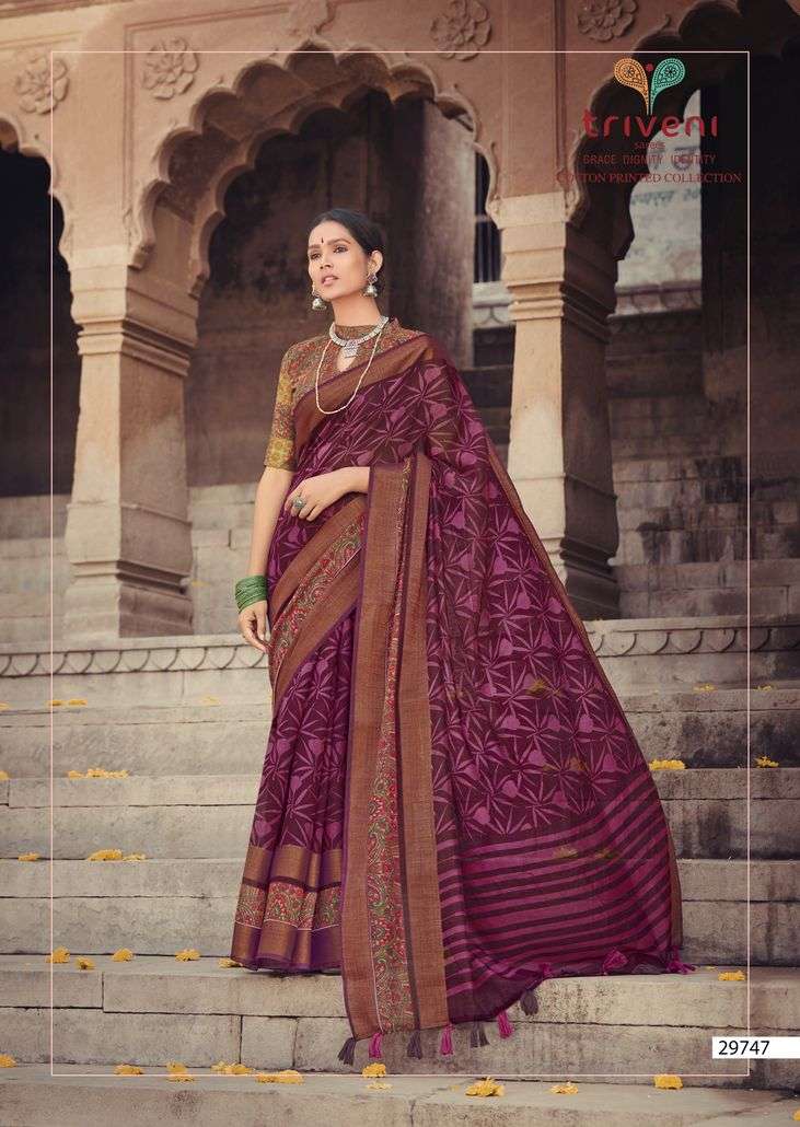GANGA JAMUNA BY TRIVENI 29741 TO 29748 SERIES INDIAN TRADITIONAL WEAR COLLECTION BEAUTIFUL STYLISH FANCY COLORFUL PARTY WEAR & OCCASIONAL WEAR COTTON LINEN PRINT SAREES AT WHOLESALE PRICE