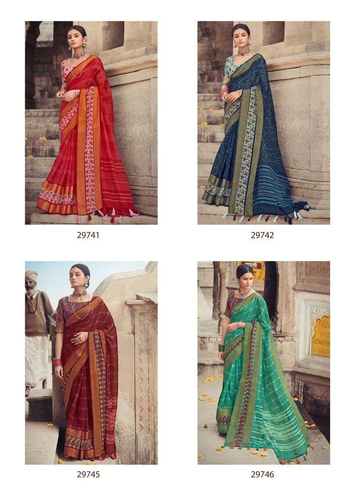 GANGA JAMUNA BY TRIVENI 29741 TO 29748 SERIES INDIAN TRADITIONAL WEAR COLLECTION BEAUTIFUL STYLISH FANCY COLORFUL PARTY WEAR & OCCASIONAL WEAR COTTON LINEN PRINT SAREES AT WHOLESALE PRICE