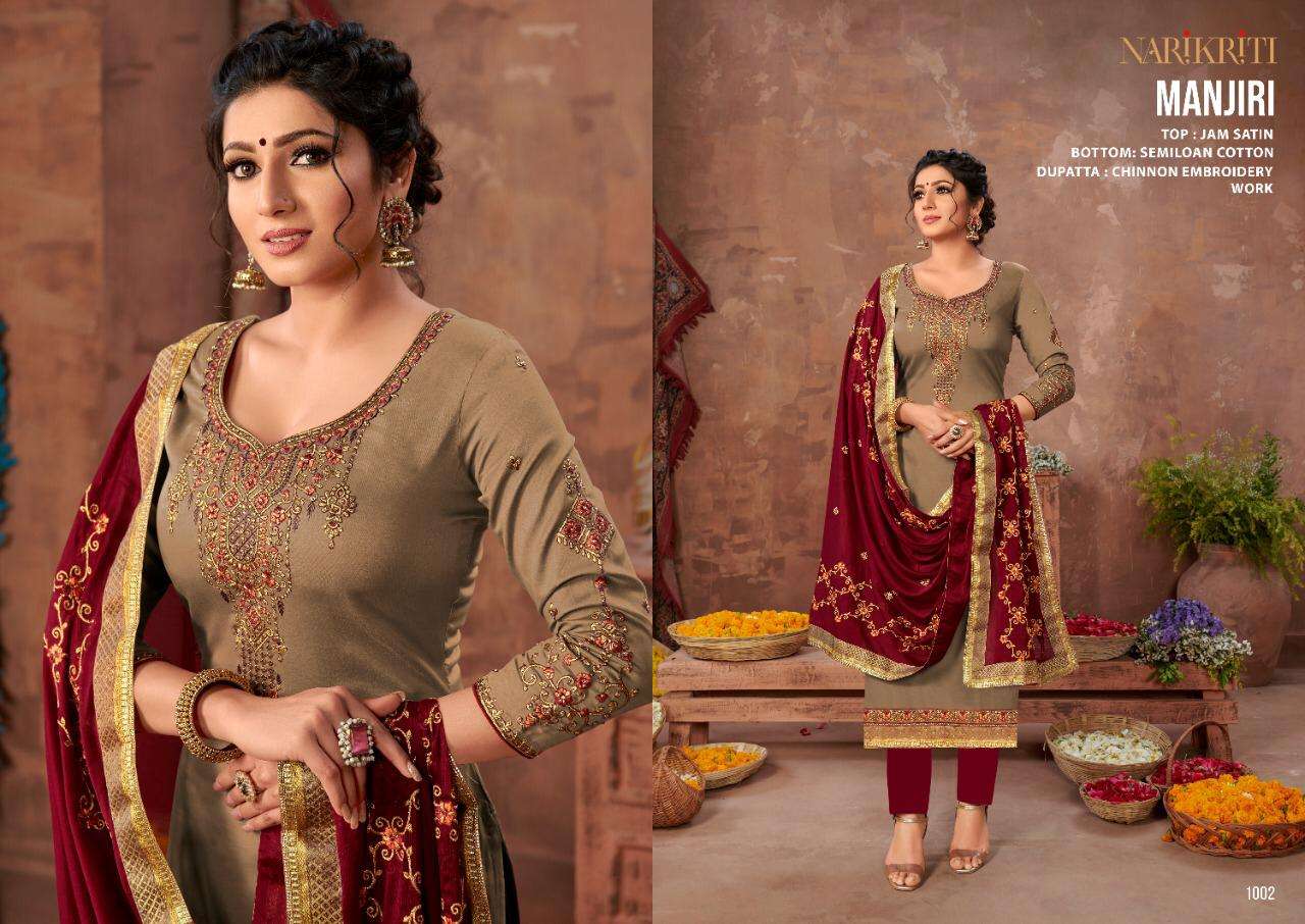 MANJIRI BY NARIKRITI 1001 TO 1006 SERIES BEAUTIFUL STYLISH SUITS FANCY COLORFUL CASUAL WEAR & ETHNIC WEAR & READY TO WEAR JAM SATIN DRESSES AT WHOLESALE PRICE