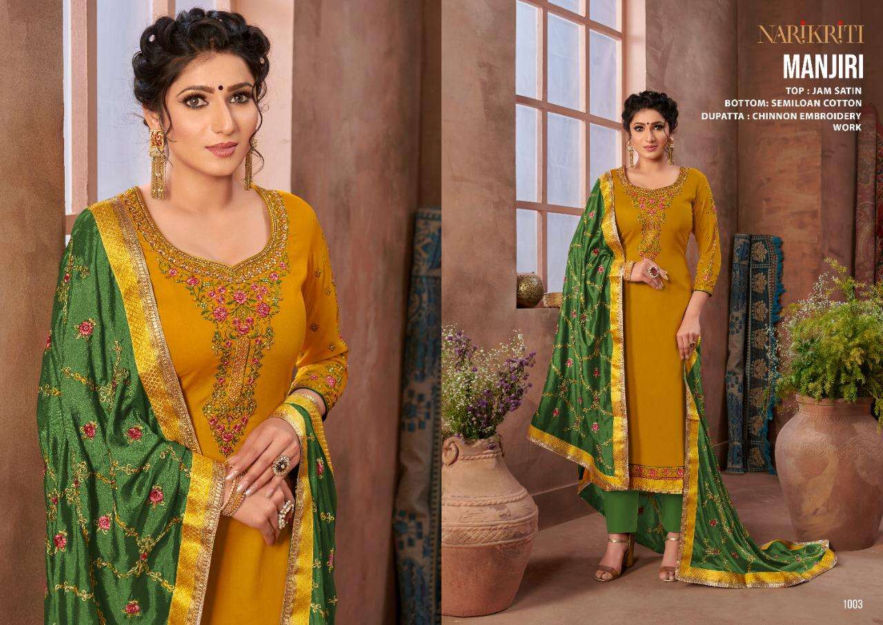 MANJIRI BY NARIKRITI 1001 TO 1006 SERIES BEAUTIFUL STYLISH SUITS FANCY COLORFUL CASUAL WEAR & ETHNIC WEAR & READY TO WEAR JAM SATIN DRESSES AT WHOLESALE PRICE